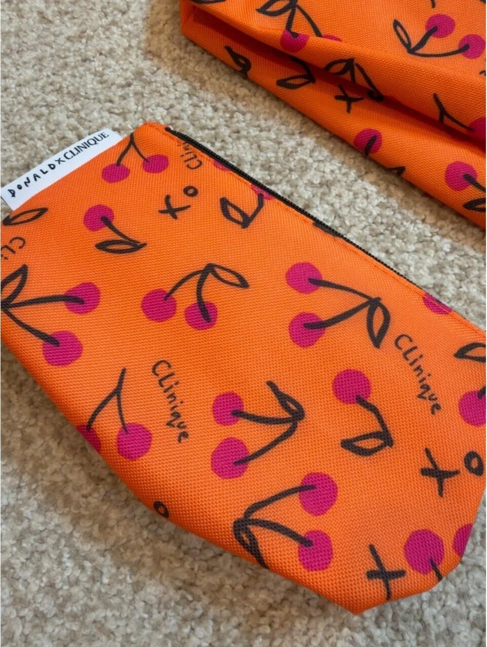 Donald Robertson x Clinique Cherry Print Cosmetic Bag Lot of 2 Orange Pink New